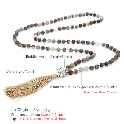 6/8mm Natürliche Blutstein 108 Mala Perlen Verknotet Halskette Meditation Yoga Tibetischen Buddha Kopf Quaste Anhänger Japa Rosenkranz schmuck