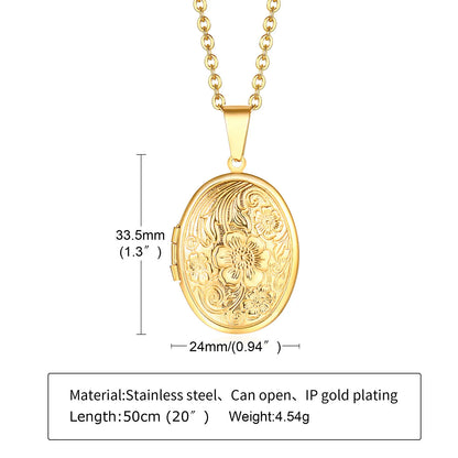 Zarte florale ovale Herz-Medaillon-Anhänger-Halsketten für Frauen, Edelstahl-Fotorahmen, Versprechen, Liebe, Andenken, Geschenk