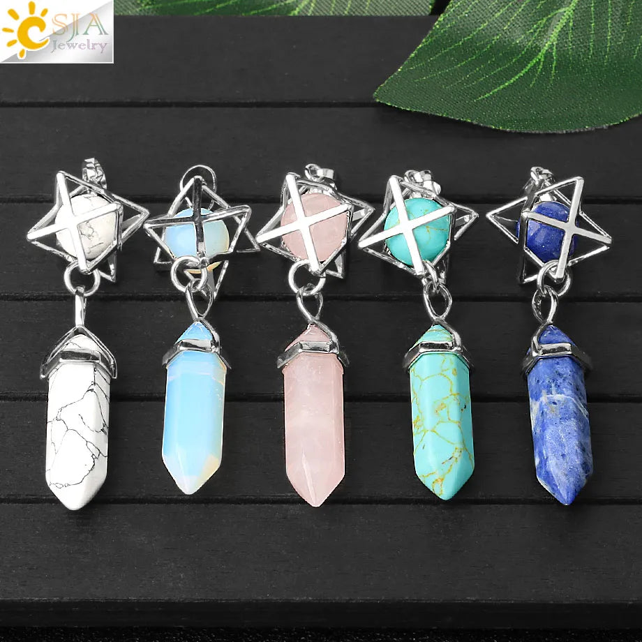 CSJA Reiki Naturstein-Anhänger Merkaba Medaillon Pendel Sechseckiges Kristallprisma Lange Anhänger für Halsketten Damenschmuck G512