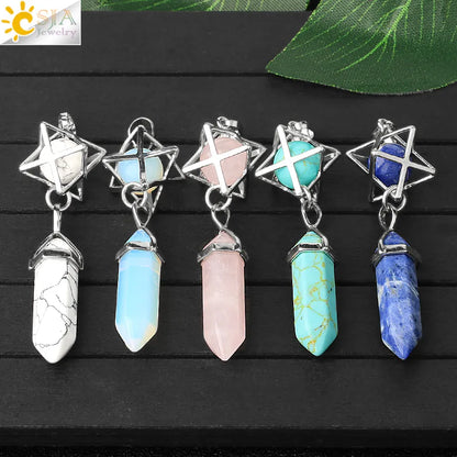 CSJA Reiki Naturstein-Anhänger Merkaba Medaillon Pendel Sechseckiges Kristallprisma Lange Anhänger für Halsketten Damenschmuck G512