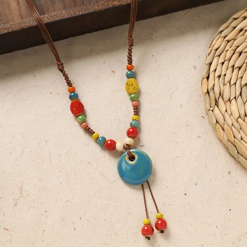 Ceramic Necklace with Colorful Beads Flower-shaped Long Sweater Chain Retro Accessory for Women