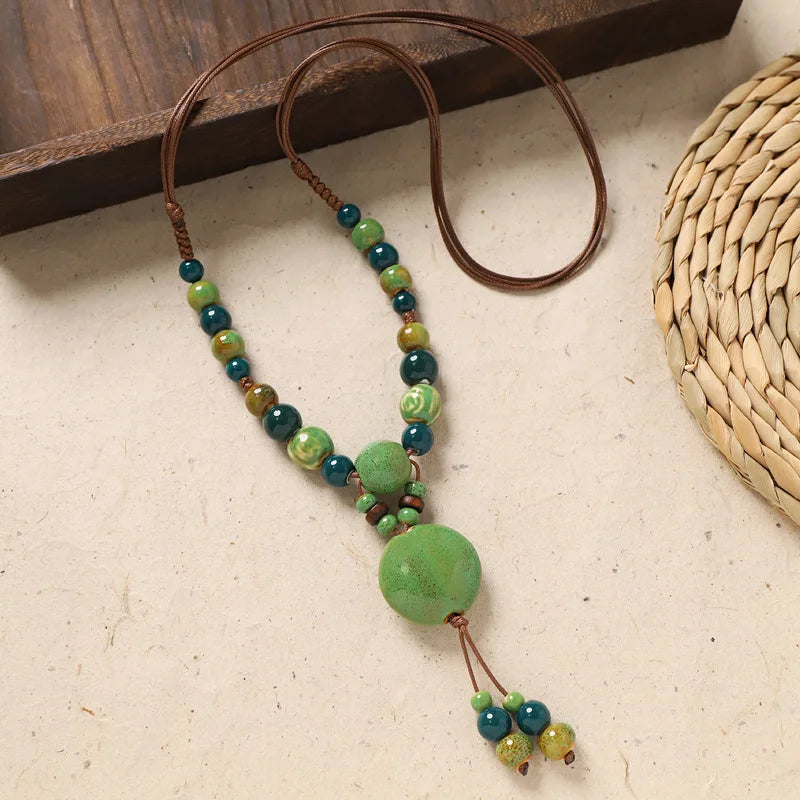 Ceramic Necklace with Colorful Beads Flower-shaped Long Sweater Chain Retro Accessory for Women