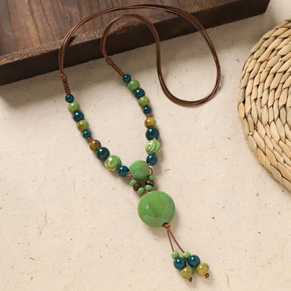 Ceramic Necklace with Colorful Beads Flower-shaped Long Sweater Chain Retro Accessory for Women