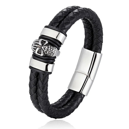 Übertreibung Männer Schmuck Schwarz Geflochtene Leder Armbänder Edelstahl Leder Armbänder Coole Schädel Armbänder Männer Armband