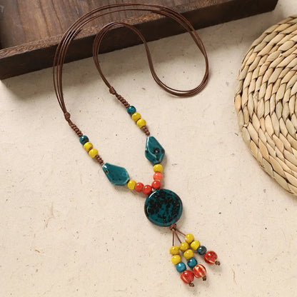 Ceramic Necklace with Colorful Beads Flower-shaped Long Sweater Chain Retro Accessory for Women