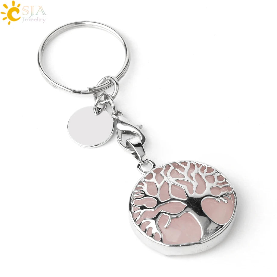 CSJA Luxus Natürlichen Kristall Stein Original Keychain Baum des Lebens Keychain Glücklich Key Ring Auto Decor Weihnachten Frauen Männer G498
