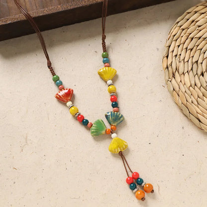 Ceramic Necklace with Colorful Beads Flower-shaped Long Sweater Chain Retro Accessory for Women