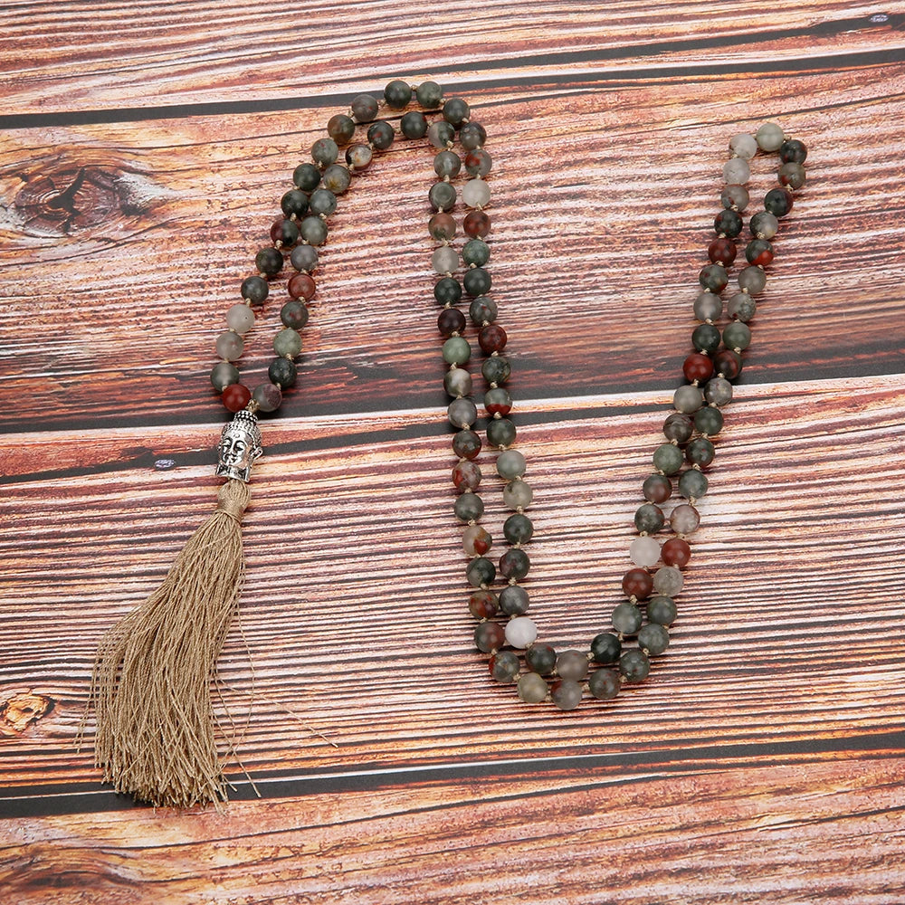 6/8mm Natürliche Blutstein 108 Mala Perlen Verknotet Halskette Meditation Yoga Tibetischen Buddha Kopf Quaste Anhänger Japa Rosenkranz schmuck
