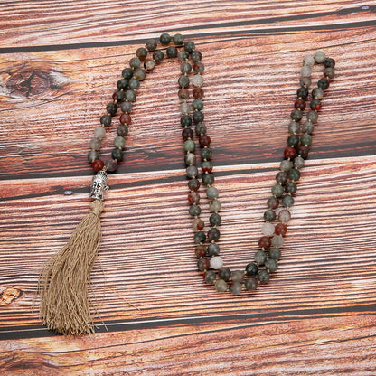 6/8mm Natürliche Blutstein 108 Mala Perlen Verknotet Halskette Meditation Yoga Tibetischen Buddha Kopf Quaste Anhänger Japa Rosenkranz schmuck