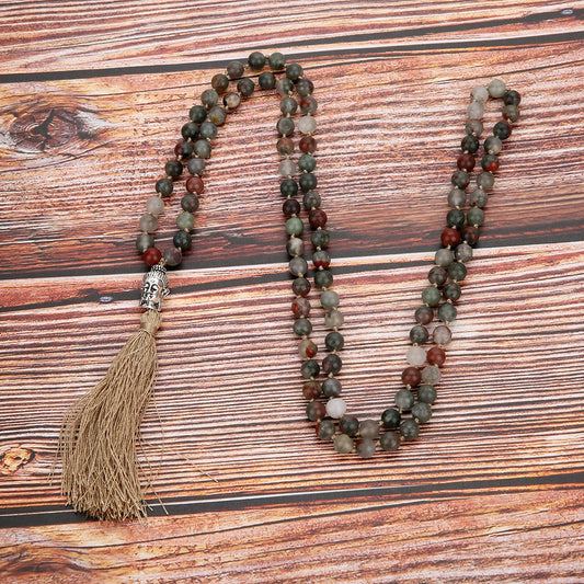 6/8mm Natürliche Blutstein 108 Mala Perlen Verknotet Halskette Meditation Yoga Tibetischen Buddha Kopf Quaste Anhänger Japa Rosenkranz schmuck