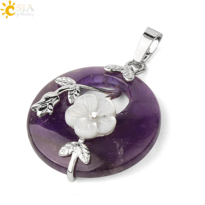 Natursteine Anhänger für Halskette Runde Blume Blatt Amethyste Rosenquarz Schwarzer Onyx Kristall Donut Reiki Schmuck G384