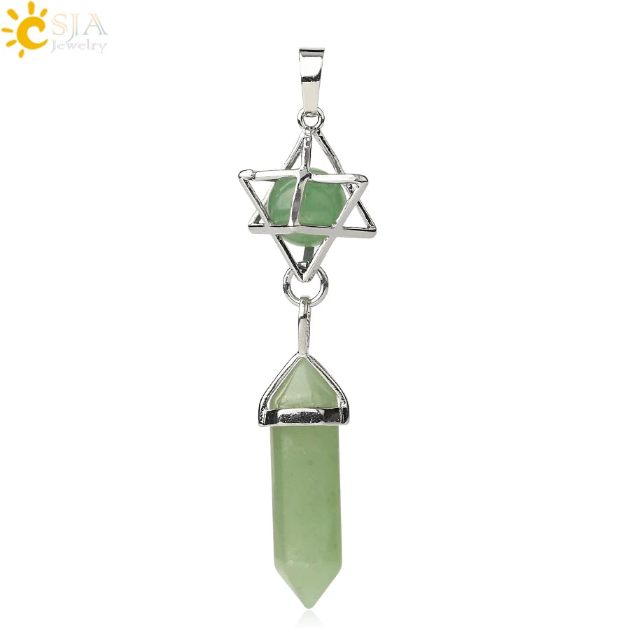 CSJA Reiki Naturstein-Anhänger Merkaba Medaillon Pendel Sechseckiges Kristallprisma Lange Anhänger für Halsketten Damenschmuck G512
