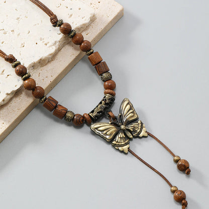 Vintage Style Double Layer Beaded Necklace with Bohemian Style Butterfly Pendant for Wedding or Party