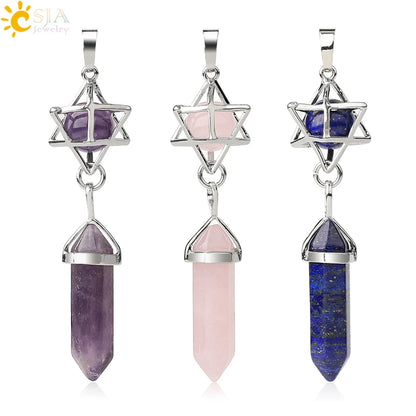 CSJA Reiki Naturstein-Anhänger Merkaba Medaillon Pendel Sechseckiges Kristallprisma Lange Anhänger für Halsketten Damenschmuck G512