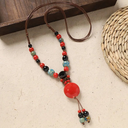 Ceramic Necklace with Colorful Beads Flower-shaped Long Sweater Chain Retro Accessory for Women