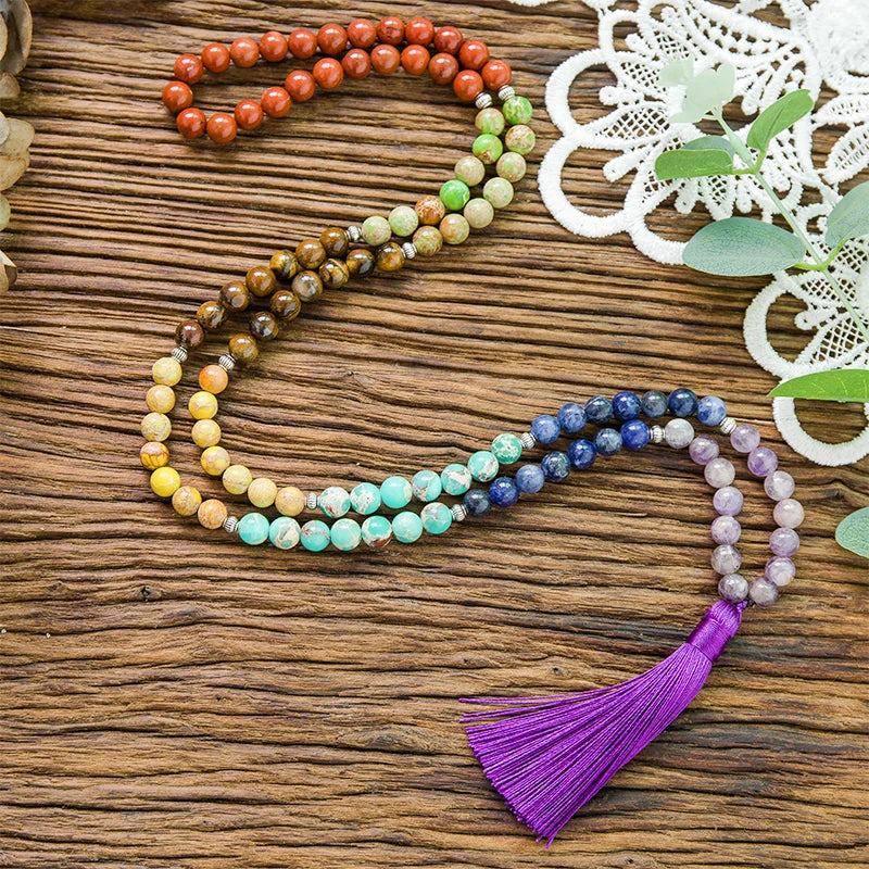 8mm Naturstein 7 Chakra Halskette Meditation Yoga Friedens- und Geistes-Schmuck 108 Japamala Perlen-Rosenkranz Quasten-Anhänger
