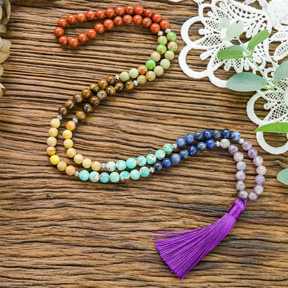 8mm Naturstein 7 Chakra Halskette Meditation Yoga Friedens- und Geistes-Schmuck 108 Japamala Perlen-Rosenkranz Quasten-Anhänger