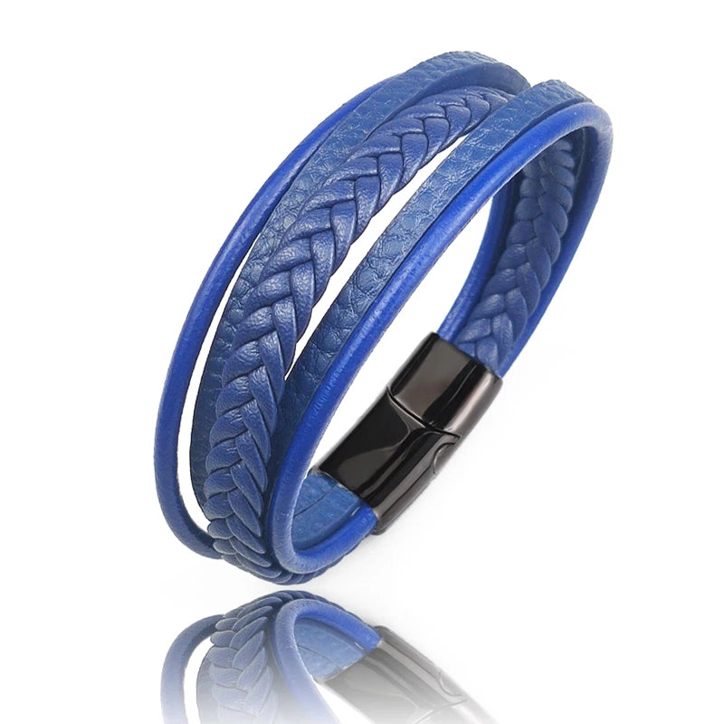MingAo New Titanium Steel Blue Punk Braided Leather Bracelet For Men Black Magnet Clasp Bangle The Best Gift for Vintage Jewelry