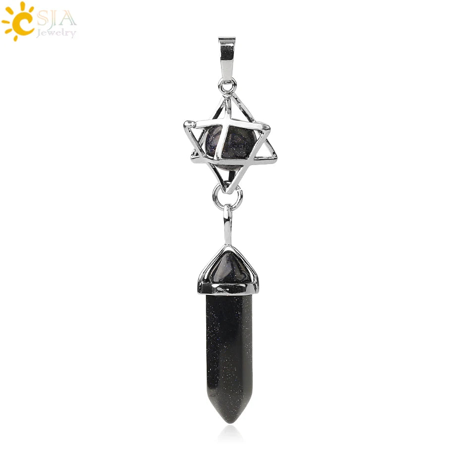 CSJA Reiki Naturstein-Anhänger Merkaba Medaillon Pendel Sechseckiges Kristallprisma Lange Anhänger für Halsketten Damenschmuck G512