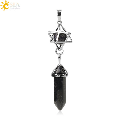 CSJA Reiki Naturstein-Anhänger Merkaba Medaillon Pendel Sechseckiges Kristallprisma Lange Anhänger für Halsketten Damenschmuck G512