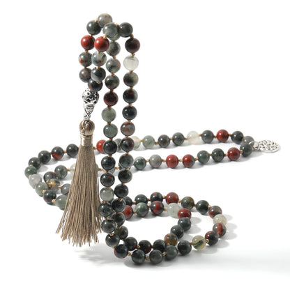 8 mm Blutstein geknotete 108 Mala Perlen Halskette Meditation Yoga Japamala Schmuck für Männer und Frauen
