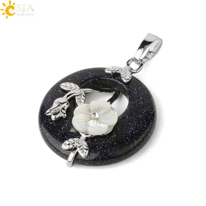Natursteine Anhänger für Halskette Runde Blume Blatt Amethyste Rosenquarz Schwarzer Onyx Kristall Donut Reiki Schmuck G384