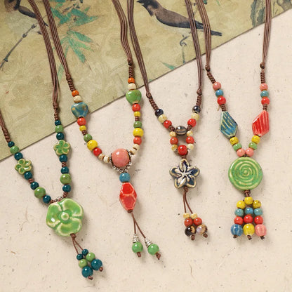Ceramic Necklace with Colorful Beads Flower-shaped Long Sweater Chain Retro Accessory for Women