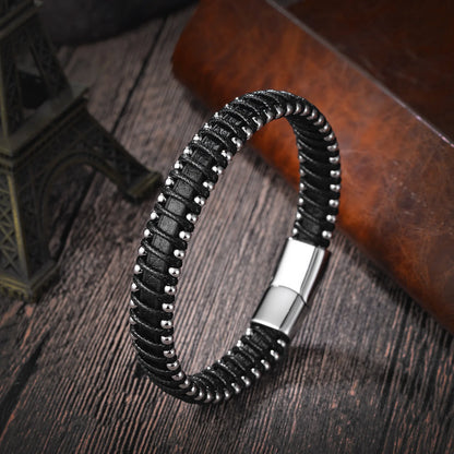 Geflochtenes Seil gewebtes schwarzes Leder Herrenarmbänder Punk-Stil Edelstahl-Armreif für Freund Charm Modeschmuck Geschenke