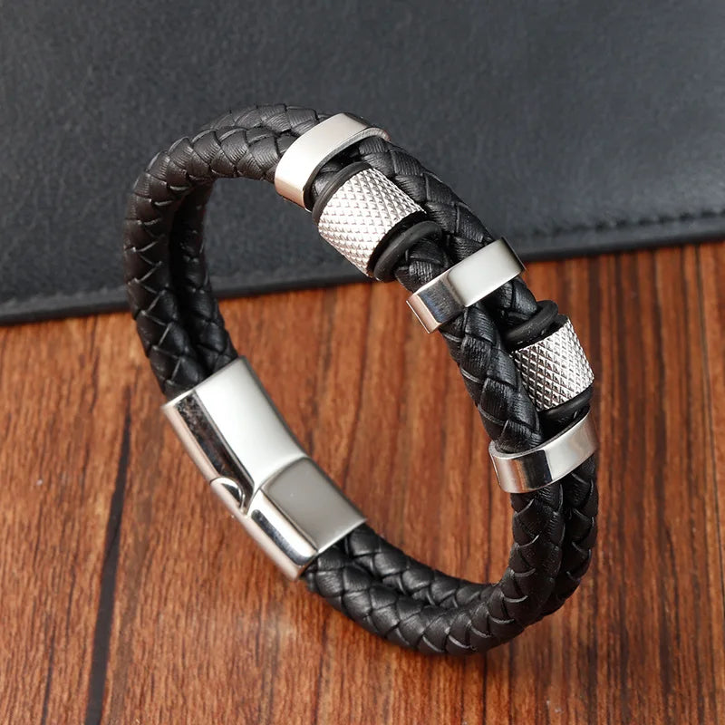 Charm Braid Rope Bracelet For Men Stainless Steel Magnetic Buckle Genuine Leather Bracelets &amp; Bangles Male Female Jewelry