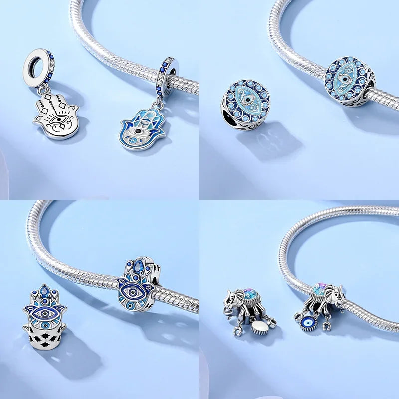 NEUE Silber 925 Elefant Evil Eye Hand Kreuz Herz Blau Zirkon Perlen Charms Fit Original Armband für Frauen Diy Edlen Schmuck geschenk