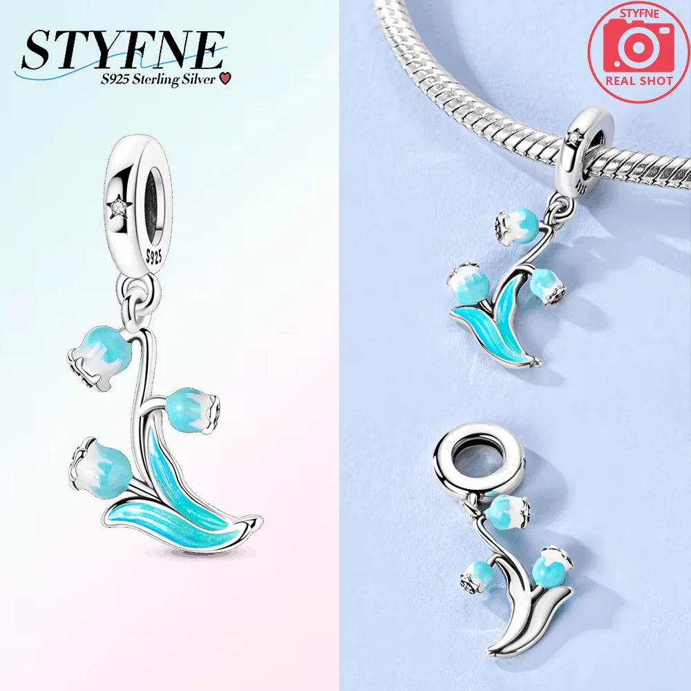 Charms aus 925er Silber, Blumenserie, lila Iris, Lilie, rosa Lilie, Perlen-Anhänger, passend für Original-Armbänder, Modeschmuck, DIY-Frauen-Geschenke