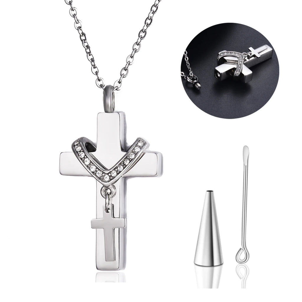 Unisex Edelstahl Feuerbestattung Doppel Kreuz Anhänger Halskette für Asche Memorial Andenken Schmuck Geschenk Dropshipping