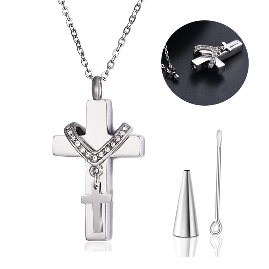 Unisex Edelstahl Feuerbestattung Doppel Kreuz Anhänger Halskette für Asche Memorial Andenken Schmuck Geschenk Dropshipping