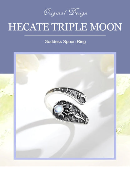 Eudora Verstellbarer Ring aus 925er-Sterlingsilber mit dreifacher Mondgöttin, Mondstein, Hekate, Amulett, Löffelring, Vintage-Schmuck, Geschenk für Frauen