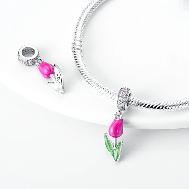 Blumen-Charms aus 925er Silber, Sonnenblumen-Tulpen-Anhänger, passend für Original-Pan-Armbänder zur Herstellung von Schmuck
