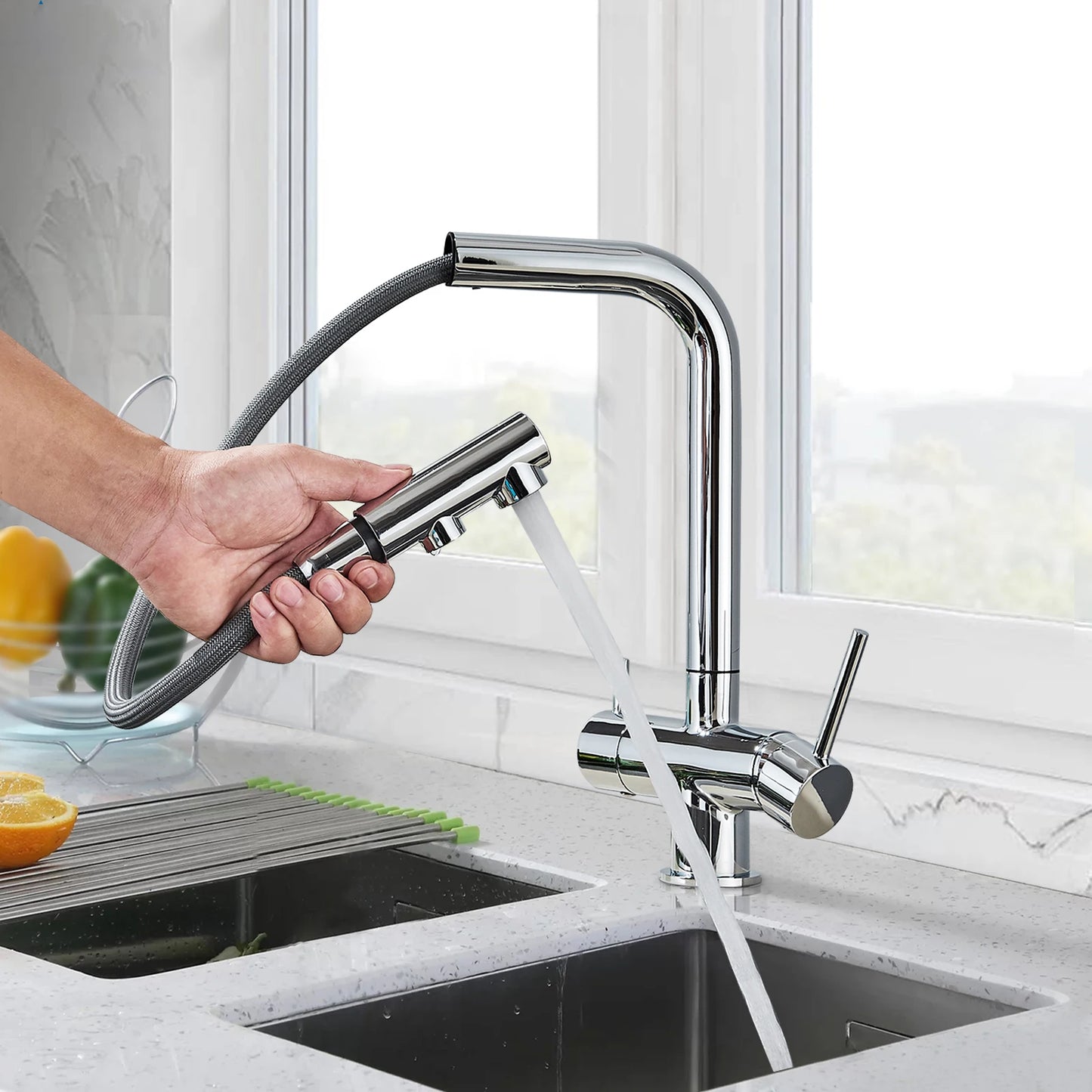 Chrom gefilterter Wasserhahn Messing Luftreiniger Küchenarmatur Doppelgriff Trinkwassergefäß Waschbecken Mischbatterie Torneira für die Küche