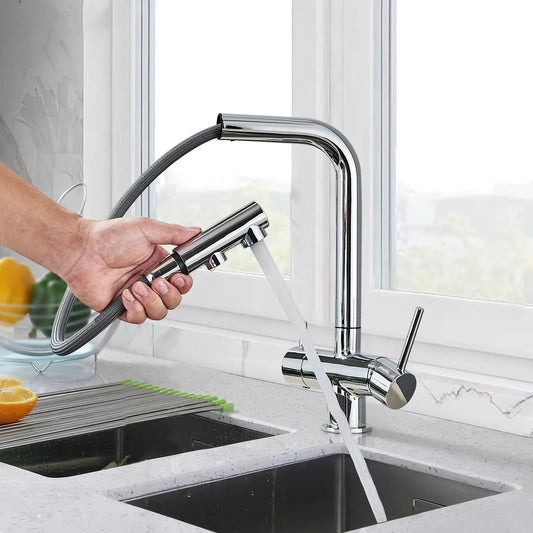 Chrom gefilterter Wasserhahn Messing Luftreiniger Küchenarmatur Doppelgriff Trinkwassergefäß Waschbecken Mischbatterie Torneira für die Küche