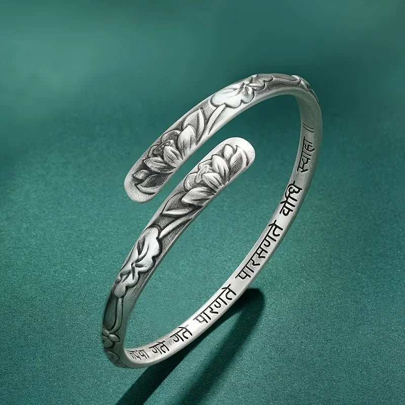 Vintage 925 Thai Silber Lotusblume Manschettenarmband für Frauen Om Mani Padme Hum Buddhismus Ethnischer verstellbarer Armreif Schmuck