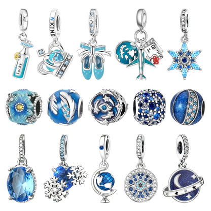 Blaue Serie 925 Sterling Silber Globus Schneeflocke Tanzschuhe Krone Charm Passend für DIY Armband Halskette Elegante Partygeschenke