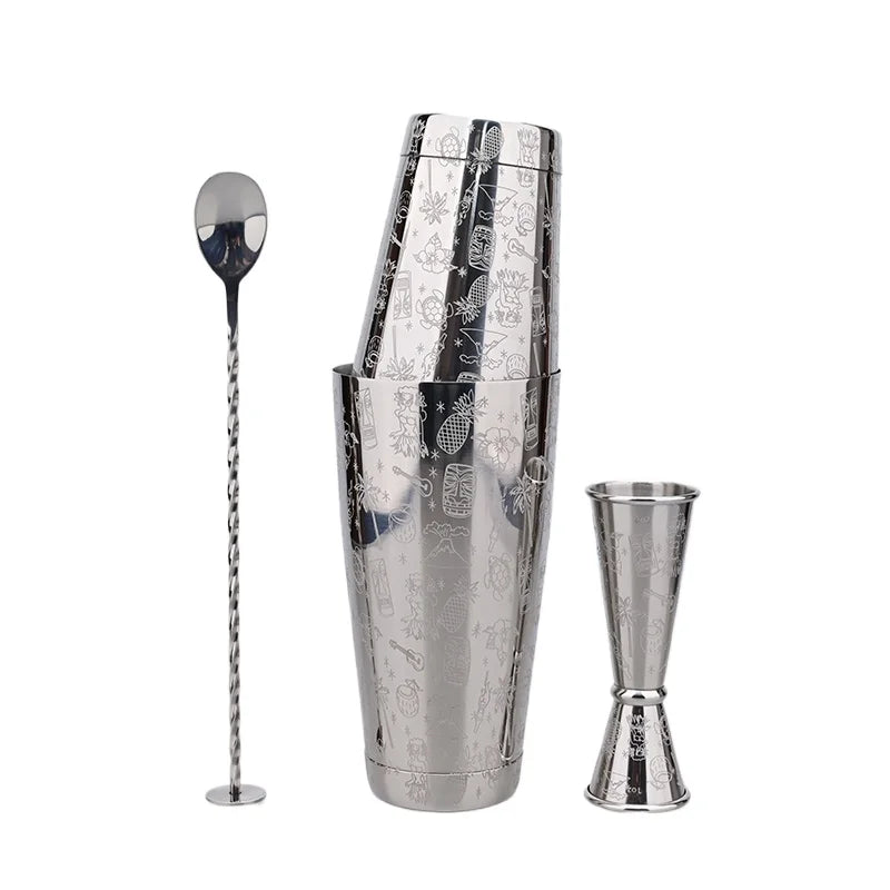 Elegantes Edelstahl Boston Cocktail Shaker Set 500/700ml+30/60ml Jigger — Graviert, Barkeeper, Barzubehör, Mixer, Professionell