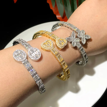 Neue Iced Out Bling Schmetterling Herz Armband Silber Farbe CZ Zirkon Oval Charme Geöffnet Armreif Für Männer Frauen Hiphop Luxus schmuck