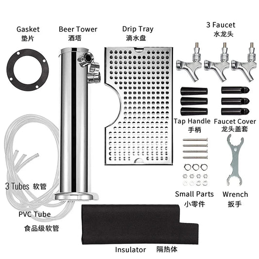 Triple Taps Fassbierturmspender mit Tropfschale, Edelstahlfass Bierturm Kegerator Tower, vormontiertes Kit für Bar