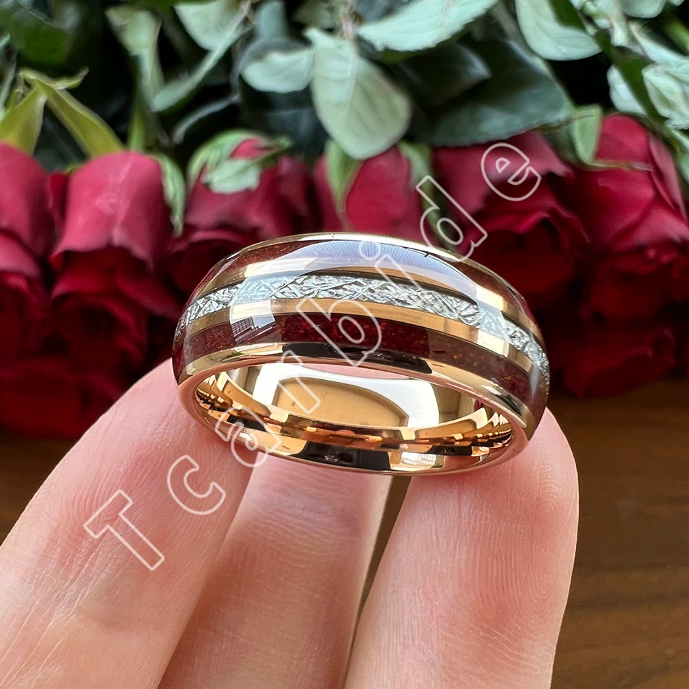 Dropshipping 8MM Männer Frauen Schöne Hochzeit Band Wolfram Rot Opal Ring mit Helle Meteorit Inlay Gewölbt Poliert Komfort Fit