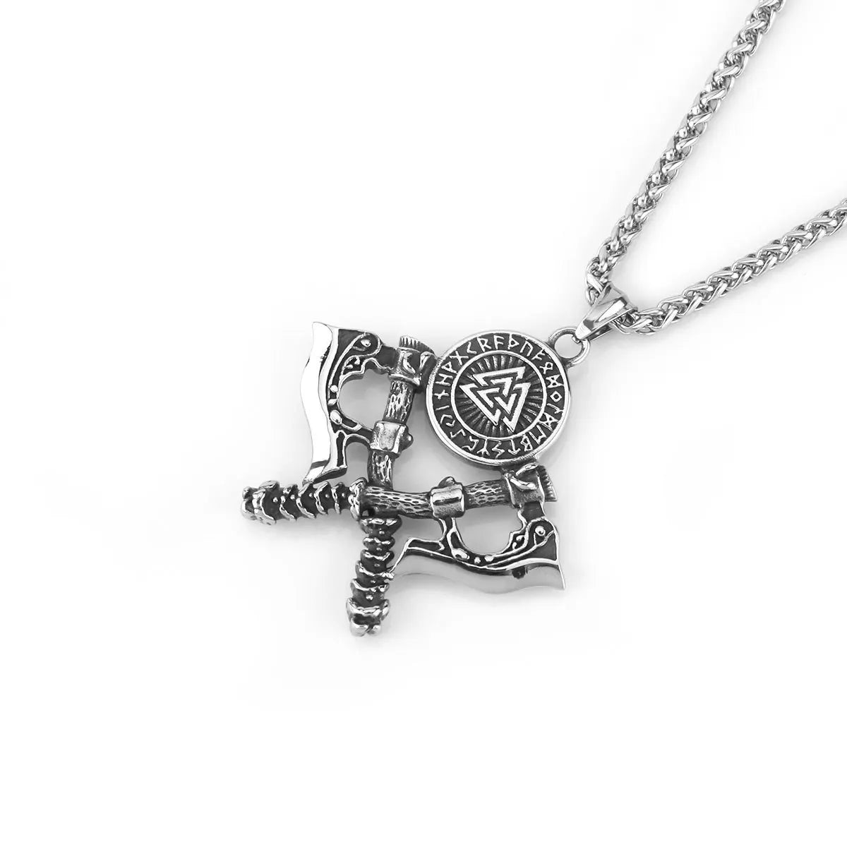 HNSP 316L Stainless Steel Double Axe Viking Pendant Chain Necklace For Men Vintage Jewelry Punk Accessories