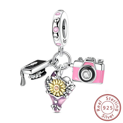 Original-Charms für den Abschluss, Perlen-Anhänger, 925er-Sterlingsilber, Bachelor-Hut, Kappen-Charms, passend für Armbänder, DIY-Zeremonie, Schmuck, Geschenk