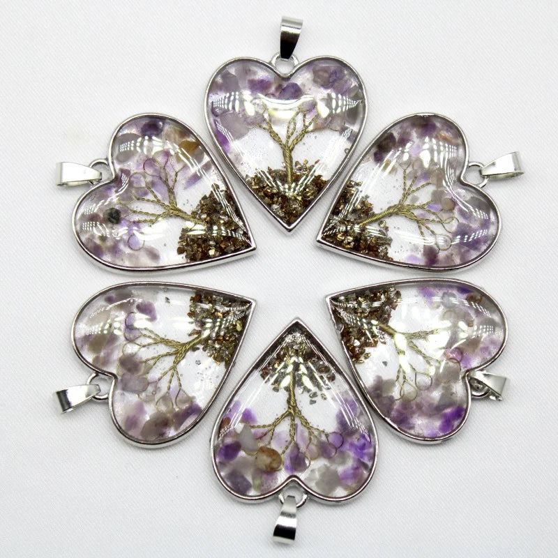 12 Stück Mix Stein Amethyst Lapislazuli Kristall Herz Lebensbaum Anhänger für DIY Herstellung Naturstein Halskette Ohrring Zubehör