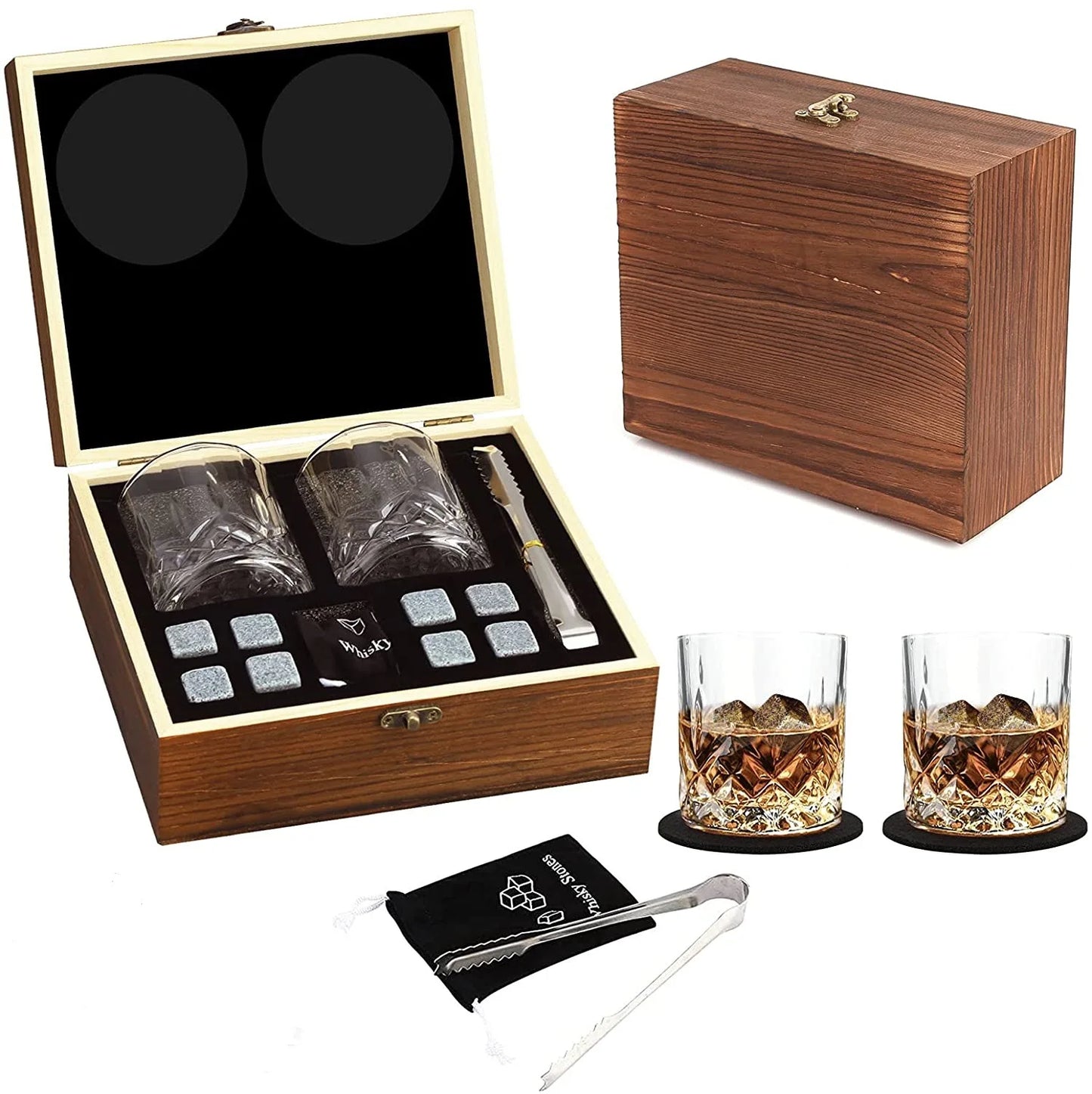 Geschenkset mit Whiskey-Steinen, 8 Whiskey-Steine, 2 Gläser, Eiszange, wiederverwendbare Whiskey-Steine, Geschenk für Männer, Vatertagsgeschenk, Bar-Party-Set