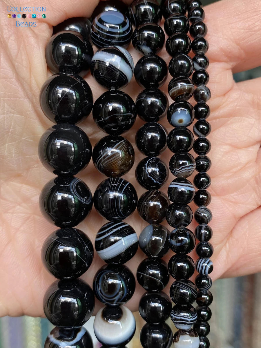 Natürliche Stein Perlen 6 8 10 12mm Schwarz Gold Farbe Linie Achate Runde Perlen Für Schmuck Machen DIY handgemachte Armband Halskette 15''
