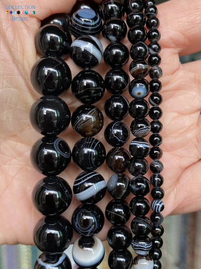 Natürliche Stein Perlen 6 8 10 12mm Schwarz Gold Farbe Linie Achate Runde Perlen Für Schmuck Machen DIY handgemachte Armband Halskette 15''