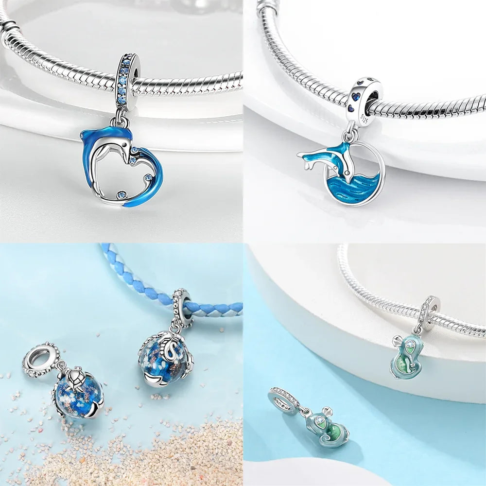 Charms aus 925er-Sterlingsilber, Perlen-Anhänger, Muschel, Delfin, Hippocampus, blauer Charm für Damen, Armband, Schmuck, Geschenk